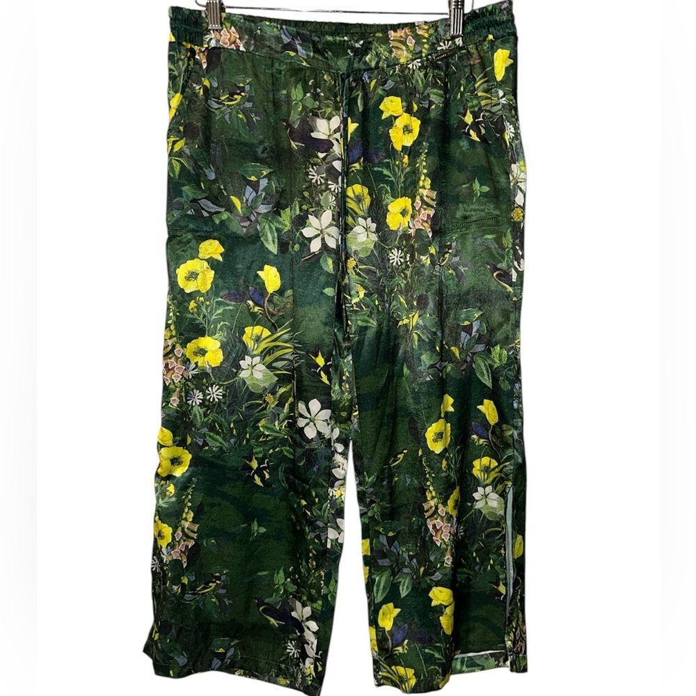 Ted Baker Size L Green Wide Leg Floral Pants Leisure Drawstring 3/4